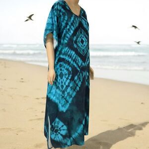 Blue V Neck Boho Tribal Print Long Kaftan Beach Dress Cover Up NEW